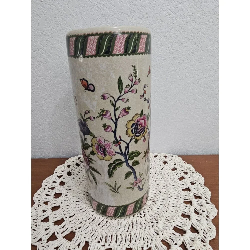 Asian‎ Porcelain Cylindrical Vase Vintage Garden Ridge 12